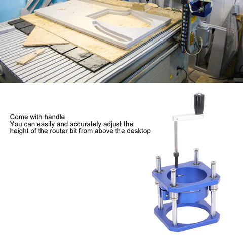 Heavy Duty Router Table Lift Kit For Woodwork, 0 To 54 Mm Slick Fine Tuning, Bulletproof Aluminum Build, close-up of adjustment handle and mount.