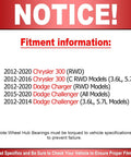 Fitment information for Front Wheel Bearing And Hub Assembly 2WD With 5 Lugs For 2012 To 2020 Dodge Charger Challenger Chrysler 300