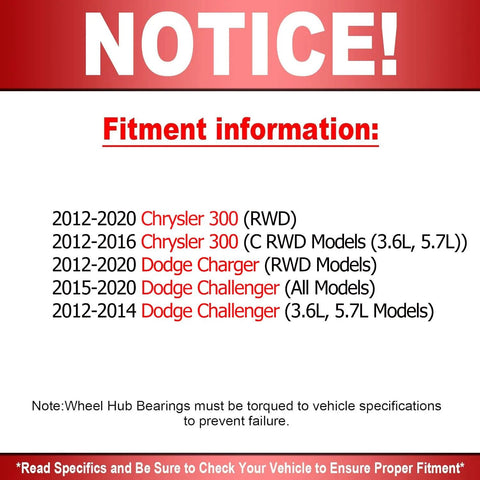Fitment information for Front Wheel Bearing And Hub Assembly 2WD With 5 Lugs For 2012 To 2020 Dodge Charger Challenger Chrysler 300