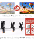 7x5ft Hot Air Balloon Backdrop With Colorful Rainbow Sky And Mountain Scene For Birthday Parties Welcome Events Travel Theme Photo Props And Nature Landscape Photography Background, instructions for care and hanging shown.