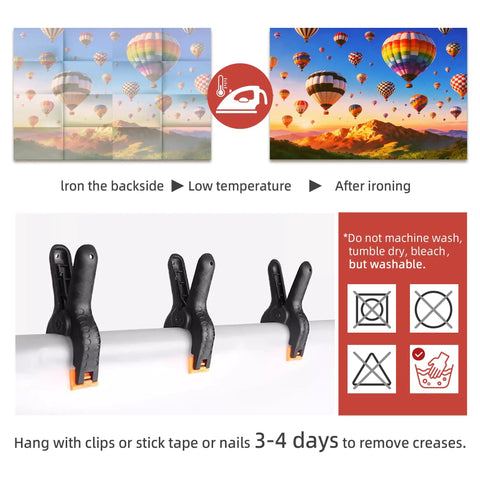 7x5ft Hot Air Balloon Backdrop With Colorful Rainbow Sky And Mountain Scene For Birthday Parties Welcome Events Travel Theme Photo Props And Nature Landscape Photography Background, instructions for care and hanging shown.