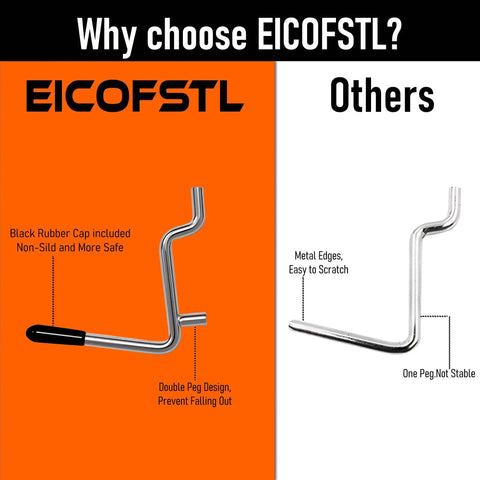 Comparison of EICOFSTL pegboard hook with rubber cap and double design against a single metal hook with sharp edges.
