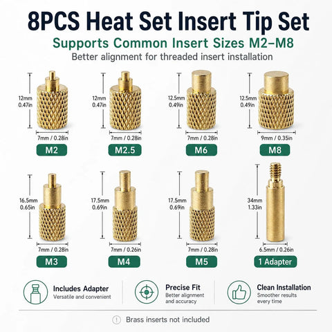 8-piece heat set insert tip set from 18-Piece Pro-Grade 3D Print Finishing Tool Kit With Heat Set Insert Tips And Brass Soldering Iron Tips