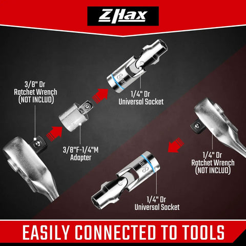 12-Piece Quarter Inch Drive Universal Flex Socket Set, 6-Point Metric From Five To Fifteen Millimeters, Swivel Joint, CR-V Steel, Workin' In Tight Spaces And Hard To Reach Spots, 1/4in drive universal socket and adapter