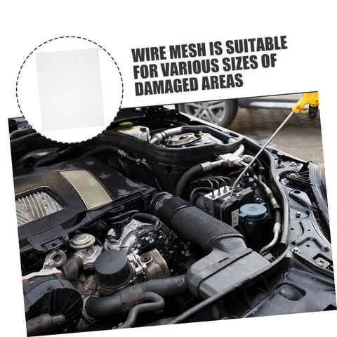 Engine close-up with inset of metal wire mesh, suitable for car bumper repair with Welding Mesh Kit For Car Bumper Repair Durable Metal Wire Screen For Quick Fix Of Cracks And Welding Accessories For Automotive Restoration And Body Shop Projects.