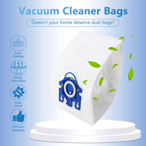 10 Pack 3D AirClean Vacuum Bags Replacement For Miele GN And S Series shown on pedestal with greenery, highlighting features.