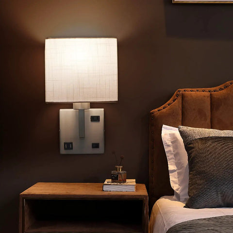 Set of 2 Wall Sconces With USB Port And AC Outlet, Nickel Finish Bedside Lamps, shown in bedroom setting