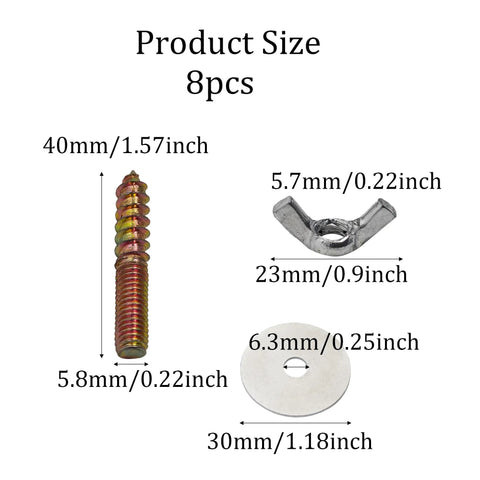 Sizes of 8 Pack 1/4-20 X 1-1/2 Inch Hanger Bolts With Wing Nuts And Flat Washers For Furniture Assembly And Wood Joints