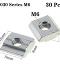 30 Pcs 3030 Series Sliding T Nuts M6 Thread For 8mm T Slot Aluminum Extrusion Profile Hammer Head Style in 16x16x6mm size.