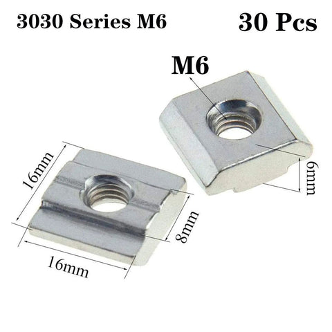 30 Pcs 3030 Series Sliding T Nuts M6 Thread For 8mm T Slot Aluminum Extrusion Profile Hammer Head Style in 16x16x6mm size.