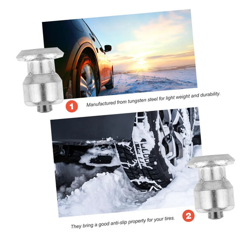 200 Piece Winter Tire Studs Heavy Duty Skid Screws Tungsten Snow Spikes For Vehicles close-up of tungsten steel spike and vehicle on icy road.