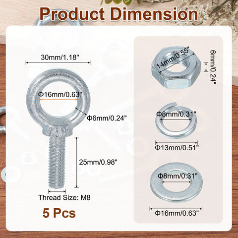 5 Pack M8 Galvanized Carbon Steel Eye Bolts Kit With Nuts Washers And Spring Washers For Tie Downs Indoors Outdoors Heavy Duty Beefy Lifting Rings Silver Ideal For Trailers Boats Rigs And Everyday Hardware Jobs. Dimensions shown for M8 eye bolt