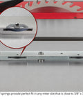 Universal Fit In Dexable Miter Gauge For Table Saw With Micro Adjust Flip Stop and Extended Fence featuring leaf spring miter bar.