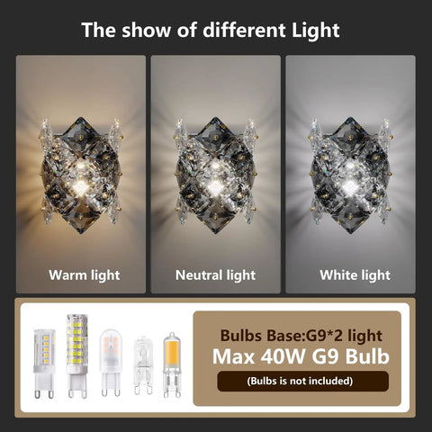 Modern Crystal Wall Sconces With Chrome Finish, Luxury Indoor Wall Lamps showcasing warm, neutral, and white light variations.