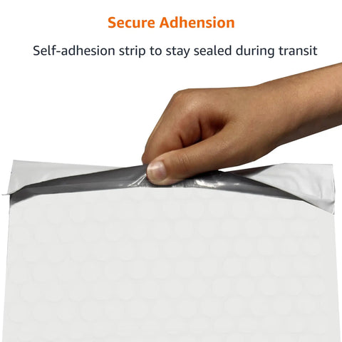 Hand peeling back seal of Poly Bubble Mailer 8.5x12 Inches Self Seal With Three Sixteenths Inch Air Bubble Interior, Tear-Resistant White And Grey