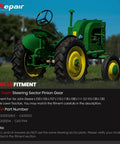 Green John Deere lawn tractor in field; text overlay about steering sector pinion gear kit compatibility and part numbers.