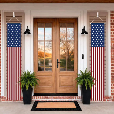 Pair Of Must Have Patriotic Porch Banners For 4th Of July And All American Holidays Outdoor Indoor Red White And Blue American Flag Decor Durable Oxford Material Easy Hang Signs For Memorial Day Veterans Day Presidents Day Independence Day And More hanging on a porch