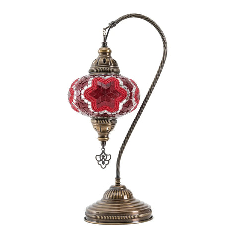 Red handcrafted Swan Neck Mosaic Turkish Table Lamp With Handcrafted Glass Bead Mosaic, Vintage Bohemian Tiffany Style.