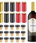 60 Piece Wine Bottle Sealer Kit With Cork Stoppers And PVC Heat Shrink Capsules In Black Red Gold alongside a wine bottle
