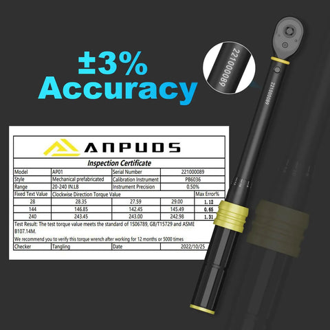 One Quarter Inch Click Torque Wrench For Bikes, 20-240 In-Lb And 2.3-27.1 Nm, features ±3% accuracy, inspection certificate visible