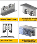 Pro Grade Strut Channel Trolleys Pack Of Four With Slick Metal Casters For Tough Barn Door Slides And Garage Rail Hardware Silver Finish showcasing durable metal rollers.