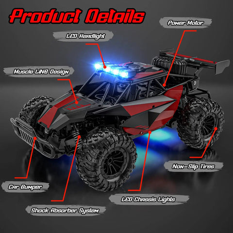 Ultra Fast One To Twelve Scale Remote Control Car Dope Off Road Monster Truck with LED Headlights and rugged design.