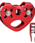 Red Zipline Pulley 25KN Aluminum Alloy Trolley with stainless steel bearings for smooth glide, shown front and side view
