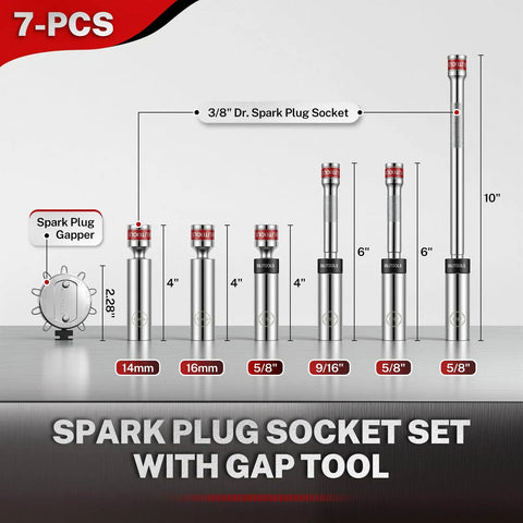 Magnetic Swivel Spark Plug Socket Set With Gap Tool, 3/8 Inch Drive, 9/16, 5/8, 14mm, 16mm, 6 And 12 Point Sockets For DIYers