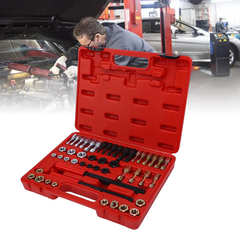 Premium 48 Pcs Steel Thread Chaser Set With Taps Dies And Files For Fixing Damaged Threads Fast On Car Bike Home DIY Projects Like A Pro red case open with taps dies and files