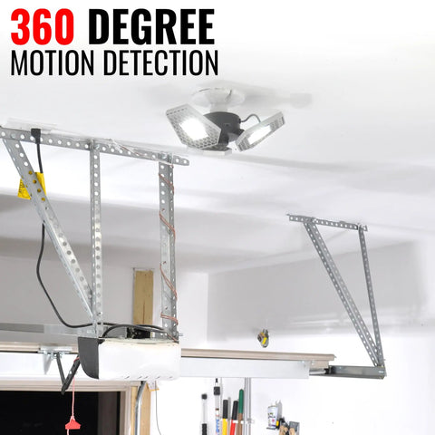 TRiLIGHT 3000 Lm Motion Sensor Ceiling Light With Screw-In Install, 24W Low Power, in garage setting, showing 360-degree motion detection.