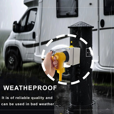 Built Legit For Any Adventure This Heavy Duty Nema 5-30R RV Power Outlet Box in rainy weather with yellow plug attachment.