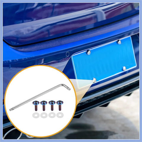 Quarter Inch M6 Universal Anti Theft License Plate Screws With Four Silicone Washers Titanium Alloy Deep Blue Durable Security Bolts Kit For Car Tag Frame Holder shown on car