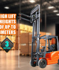 Heavy Duty Electric Forklift With 2.5 Ton Lift Capacity, Industrial Pallet Stacker For Warehouse Logistics And Factory Use Includes Lead Acid Battery Powered High-Bay Rack Access Equipment In Bright Orange, showing 3-meter lift.