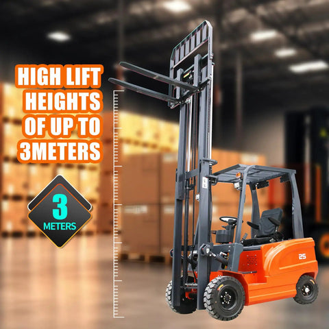 Heavy Duty Electric Forklift With 2.5 Ton Lift Capacity, Industrial Pallet Stacker For Warehouse Logistics And Factory Use Includes Lead Acid Battery Powered High-Bay Rack Access Equipment In Bright Orange, showing 3-meter lift.