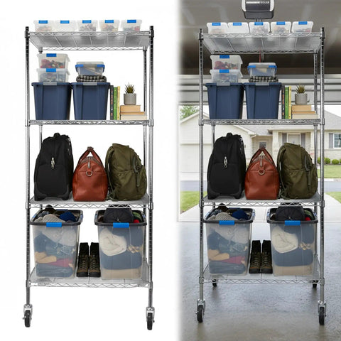 5 Tier Metal Wire Shelving Rack With Durable Steel Construction And Smooth Rollers For Ultimate Storage Flexibility showcasing organized bags and bins.