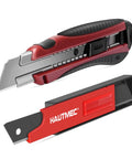 Heavy Duty Utility Knife Set 25mm Retractable Box Cutter With Auto Lock 11 Replacement Blades Snap Off Blade Cable Slot And Non Slip Ergonomic Grip For Warehouse Pros And DIYers, shown open and closed