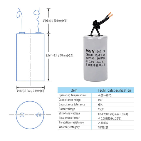 CBB60 Run Capacitor 16uF 450V AC For Motors 50/60Hz 38mm By 70mm Cylindrical Capacitor with 100mm leads