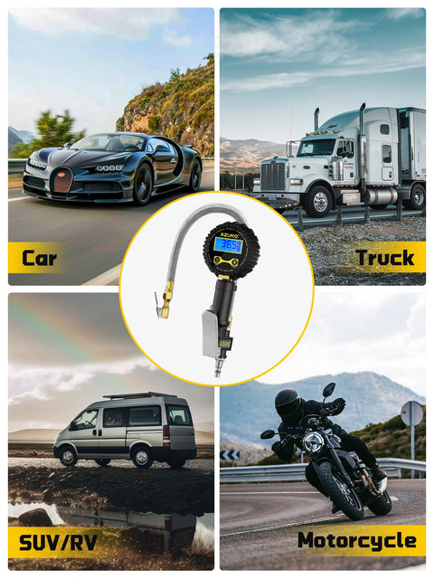 Digital Tire Inflator With Pressure Gauge 200 PSI Auto Shutoff LED Flashlight 7 Piece Heavy Duty Air Tool Set with vehicles