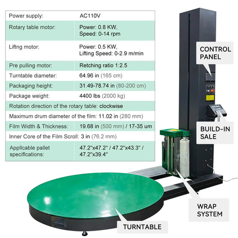 Heavy Duty Automatic Pallet Wrapping Machine Workhorse with Built In Scale and Thermal Printer for Warehouse Use, shown with 64 inch turntable and control panel.