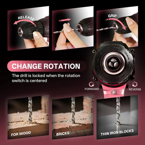 Instruction on using drill from Pink 120 Piece Home Tool Kit With 20V Cordless Drill Driver In Plastic Toolbox For Women DIY Set