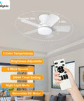 Keep It Chill With This 25 Inch Small Ceiling Fan Packing A Bright Led Light And Hassle Free Remote Low Profile Flush Mount Look Built Tough For Bathrooms Or Bedrooms Delivering Reversible Airflow Dimmable 3CCT Glow And Absolute Silence In Crisp White, showing remote control and fan features.