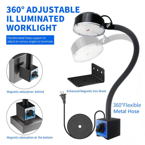 Magnetic 2000 Lumen LED Work Light With Flexible Base, 360° adjustable, showing magnetic base and flexible metal hose.