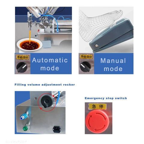 Heavy Duty Pneumatic Liquid Paste Filling Machine With Heated Stirred Tank controls for automatic and manual modes with adjustment rocker.