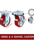Straight Up Beefy 6 Inch Polyurethane Caster Wheels 4 Pack With Heavy Duty Iron Core Build Two Rigid And Two Swivel Casters showing two casters with side brake and swivel feature.