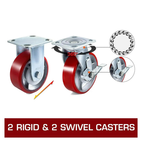 Straight Up Beefy 6 Inch Polyurethane Caster Wheels 4 Pack With Heavy Duty Iron Core Build Two Rigid And Two Swivel Casters showing two casters with side brake and swivel feature.