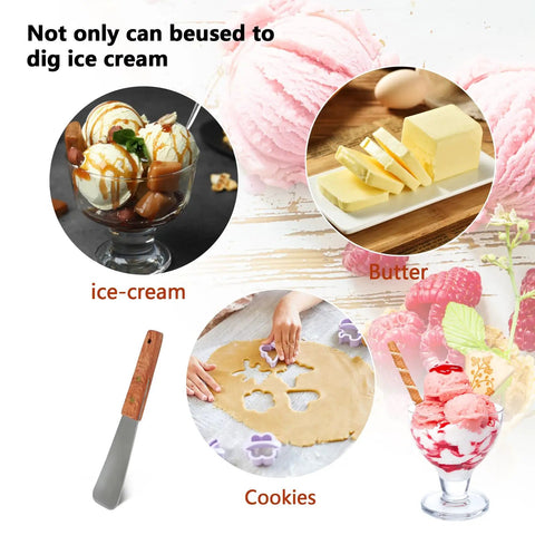 Stainless Steel Ice Cream Shovel With Wooden Handle For Easy Scoops And Serving Frozen Treats Food Grade Rustproof Durable Dishwasher Safe Kitchen Tool with ice cream, butter, and cookie dough.
