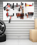 Garage slatwall with Six Piece Slatwall Screwdriver Holders Set With Three Styles And Two Sizes For Garage Shop And Retail Displays Includes 12 Hook Style 7.5 x 1.77 Inches And 6 Ring And 4 Ring Styles 9 x 2.17 Inches Black organizing tools