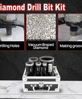 DT-DIATOOL diamond core drill bit kit in a metal case with vacuum-brazed diamond bits for tile and stone