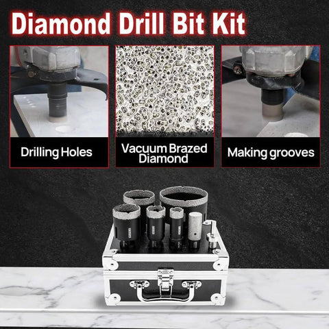 DT-DIATOOL diamond core drill bit kit in a metal case with vacuum-brazed diamond bits for tile and stone