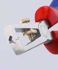 Close-up of end type wire stripper for electrical work with precision grips and durable build, showing cutting edge and adjustment knob.
